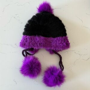 Fur Black and Purple Knit Pom-Pom Hat